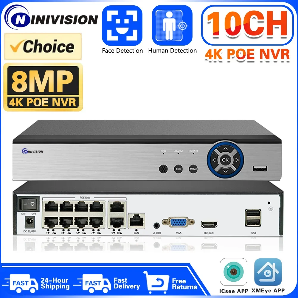 10-канальный 4K 8MP H.265 PoE NVR-рекордер для HD 4K 3MP 4MP 5MP PoE IP ...