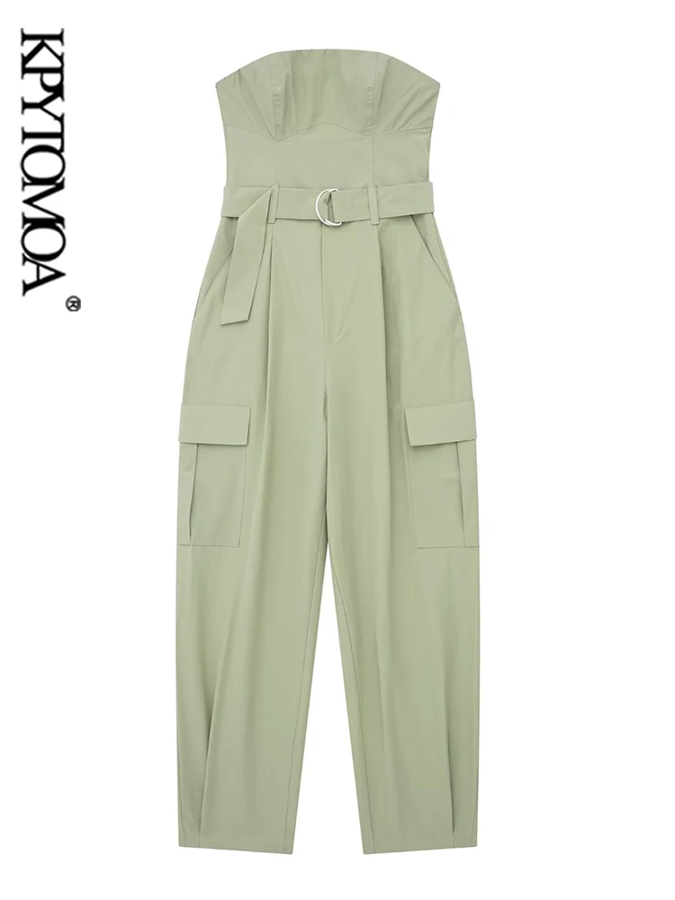 

KPYTOMOA Women Fashion With Belt Strapless Cargo Jumpsuits Sexy Straight Neck Side Patch Pockets Female Playsuits Mujer