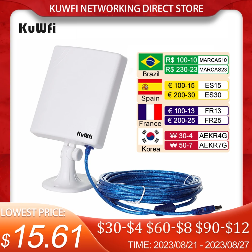 KuWfi 150Mbps Wifi USB Adapter For PC Outdoor Wifi Receiver High Gain 14dBi Antenna 5m Cable Network Card High Power Waterproof