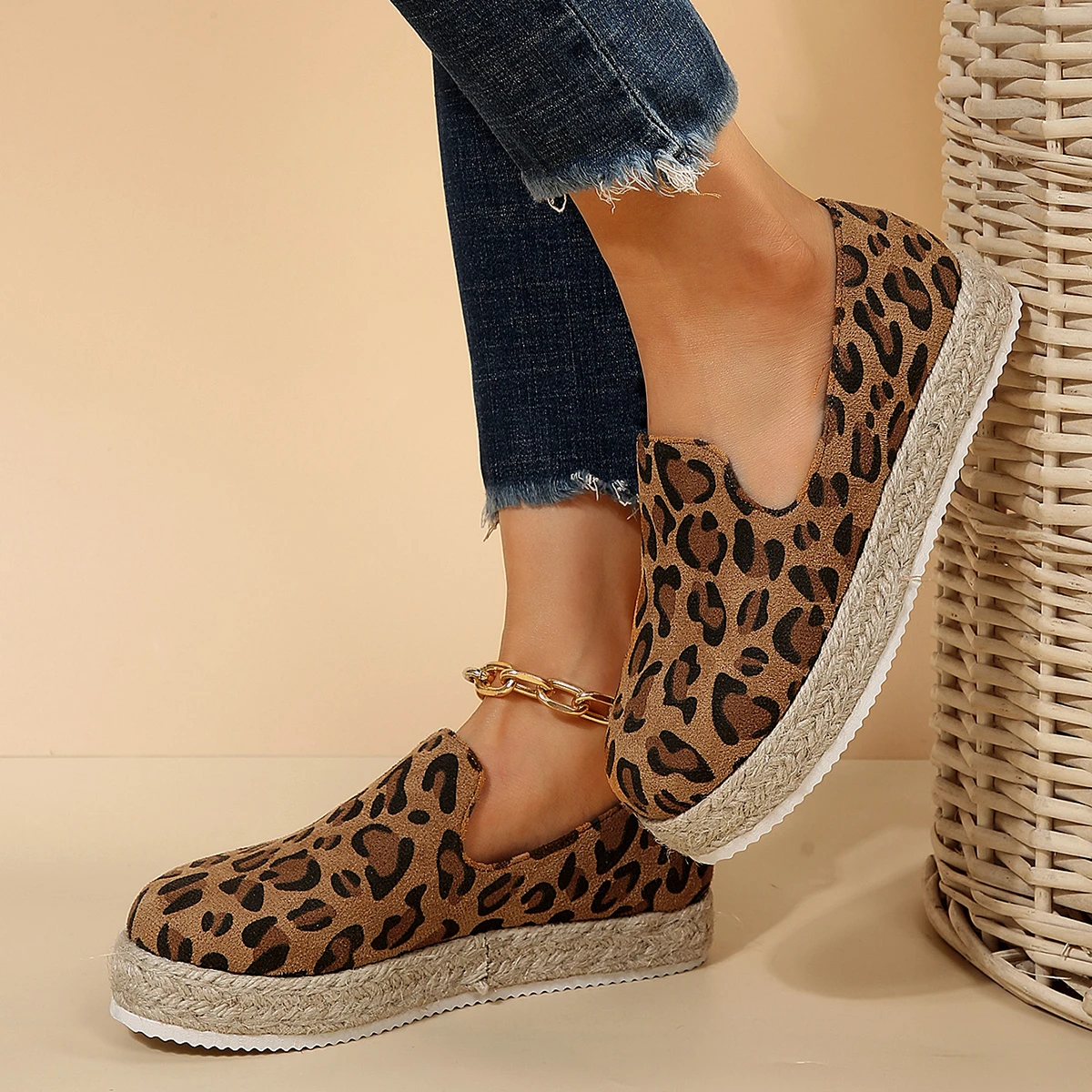 Лоферы женские холщовые с леопардовым принтом Нескользящие дышащие без застежки