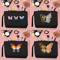 classic woman makeup brush storage bag coin purse canvas clutch beautiful butterfly pattern print portable kawaii storage black