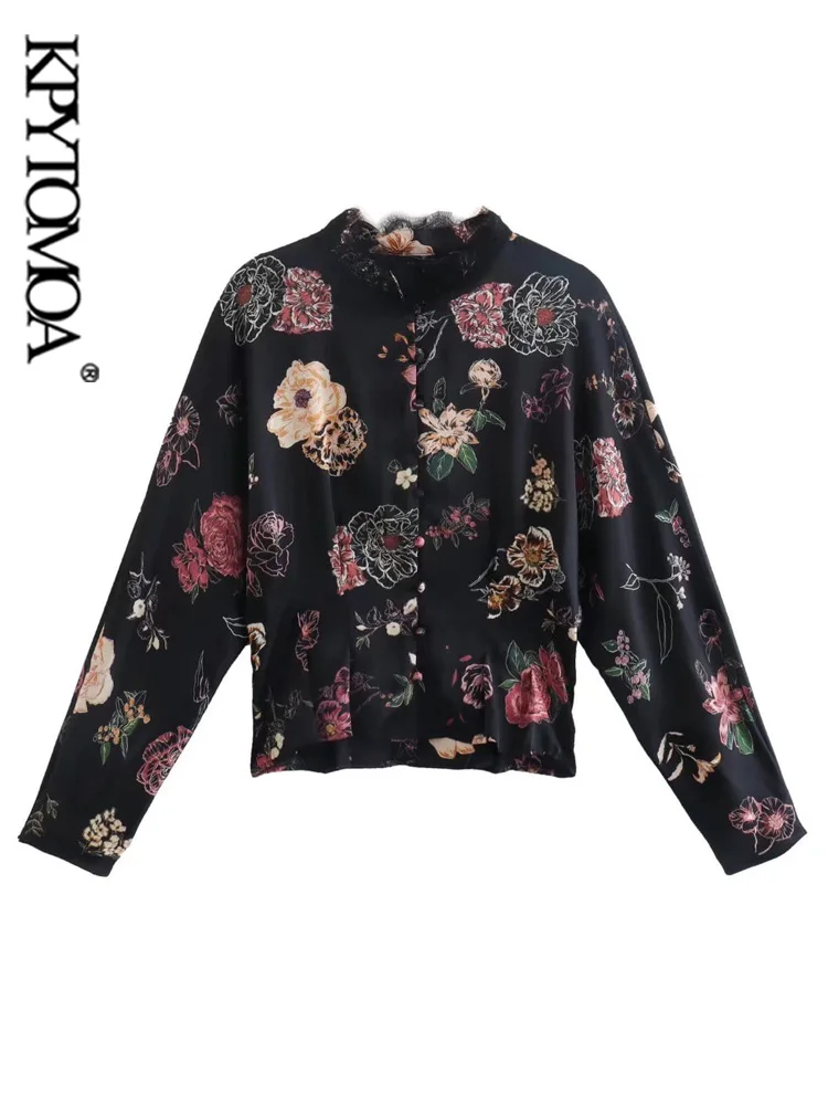 

KPYTOMOA Женская мода с кружевом цветочный принт приталенные Уютные Блузки винтажные с длинным рукавом на пуговицах женские рубашки Блузы шика...