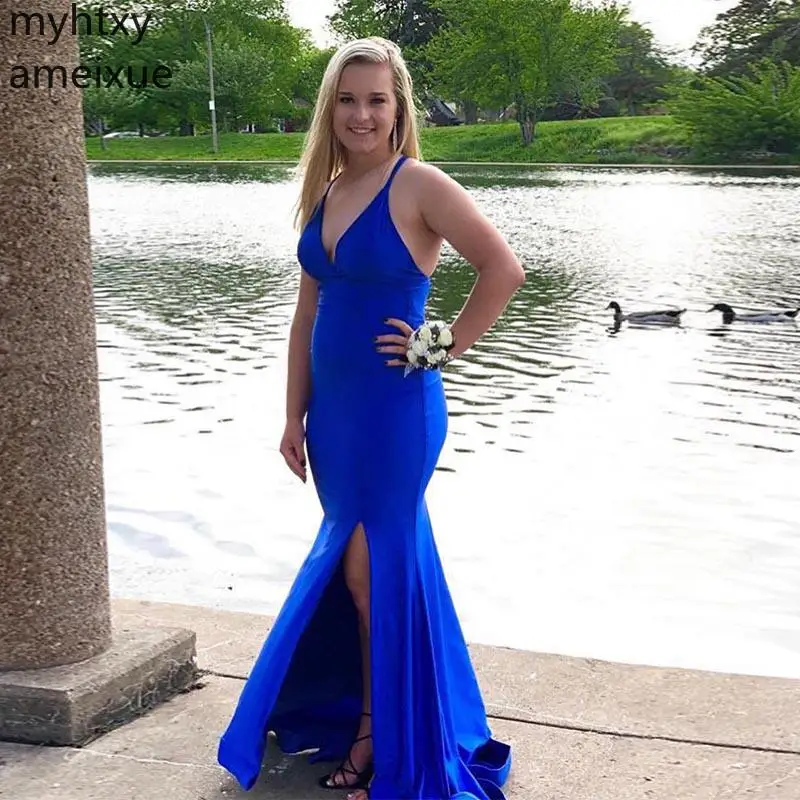 

party dress Sexy V-neck Royal Blue Evening Dress Sleeveless Front Split Full Length Women Formal Gowns Robe De Soiree