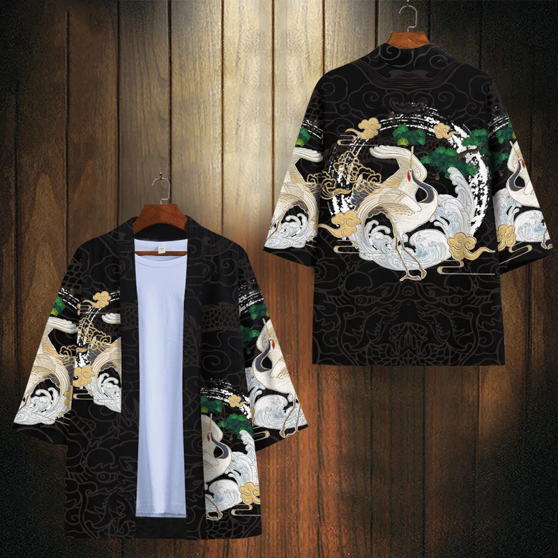 National Fashion Crane Cape coat Men's Autumn Thin Half Sleeve Robe Chinese Sle Daily Leisure Feather Woven Top