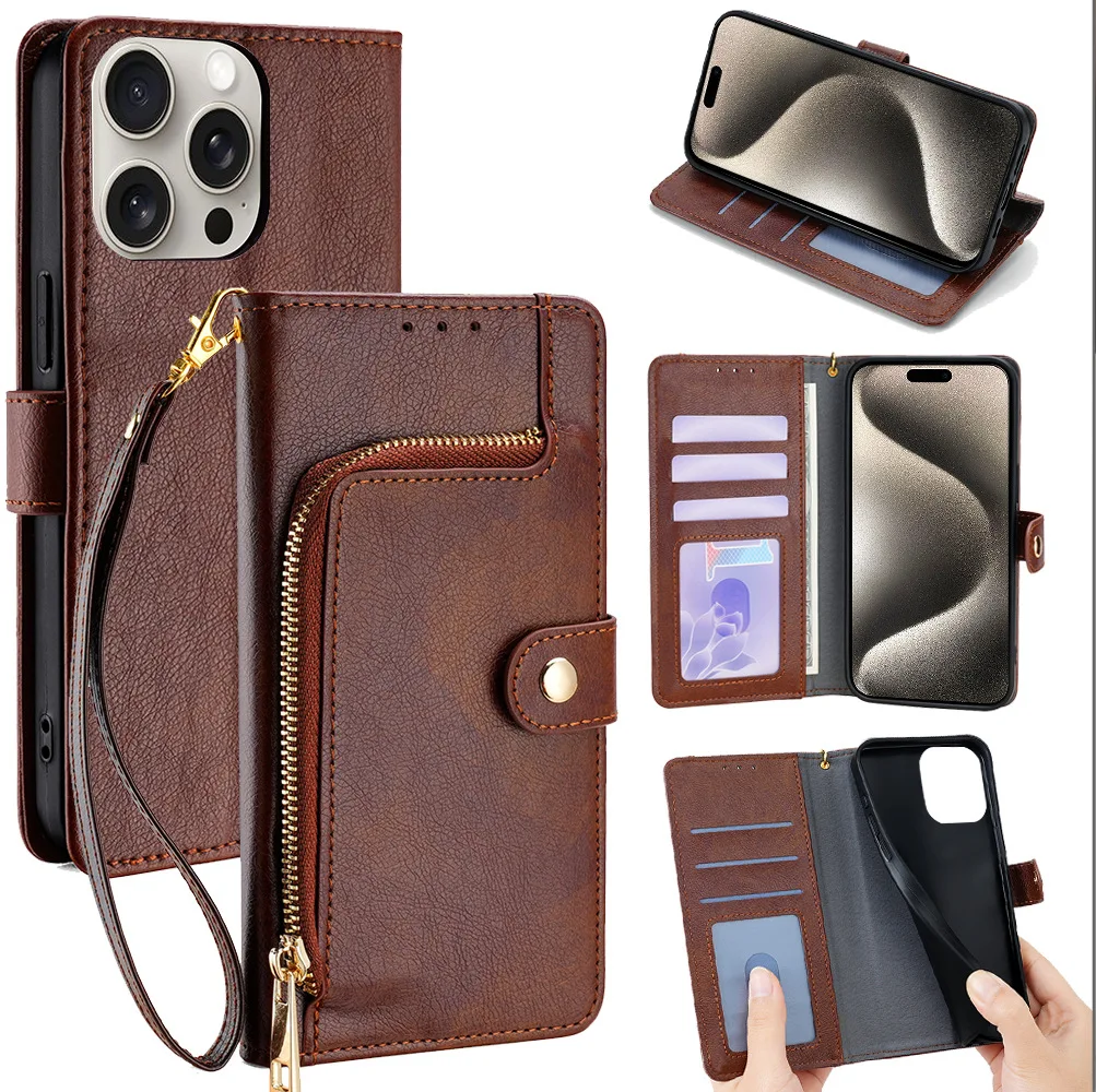 Чехол-кошелек на молнии с ремешком запястье для Xiaomi Poco X6 Neo X5 X4 Pro X3 GT NFC X2 кожаный