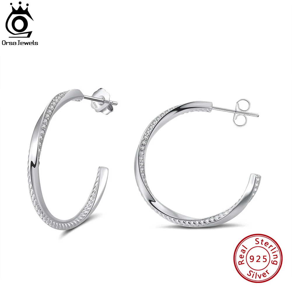 

ORSA JEWELS Big Half Hoop Earrings Authentic 925 Sterling Silver Women 28MM Large Size Zirconia Twisted Ear Jewelry Gift SE351