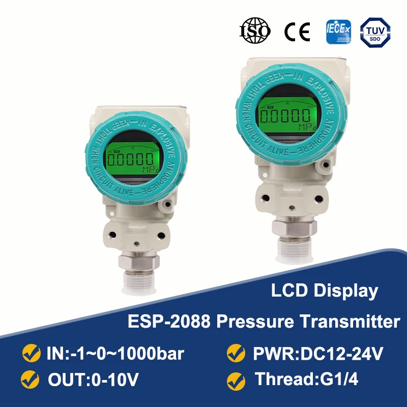 

ESP2088 LCD Pressure Measurment 0-10V 5V Output Water Tank Oil Gas -1-0-1000bar Pressure Transmitter G1/4 Connector