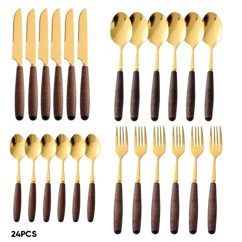 4pcs/24pcs utensili con manico in legno per Set di posate da cucina cucchiai da forchetta in acciaio inossidabile coltelli Set da tavola Set da tavola all'ingrosso