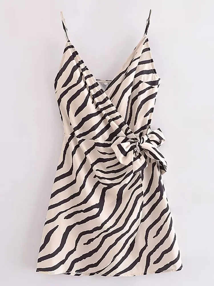 

Zebra Print V-neck Sling Mini Dress Women Backless Sleeveless Knot Bodycon Short Dresses Summer Fashion Lady Streetwear vestido