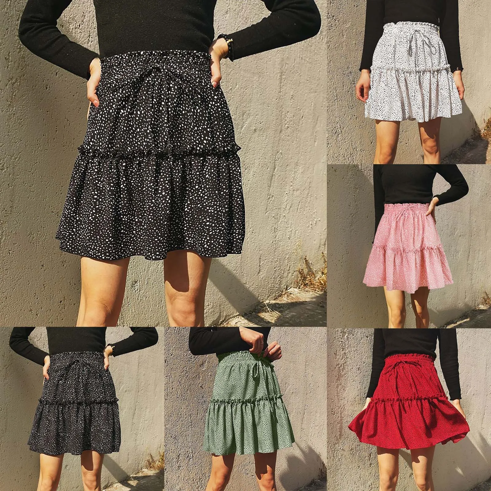 

2022 Japanese Style Mori Girl Cotton Linen High Waist Ruffle Tiered Mini Skirt Floral Printed A Line Polka Dot Beach Cute Skirt