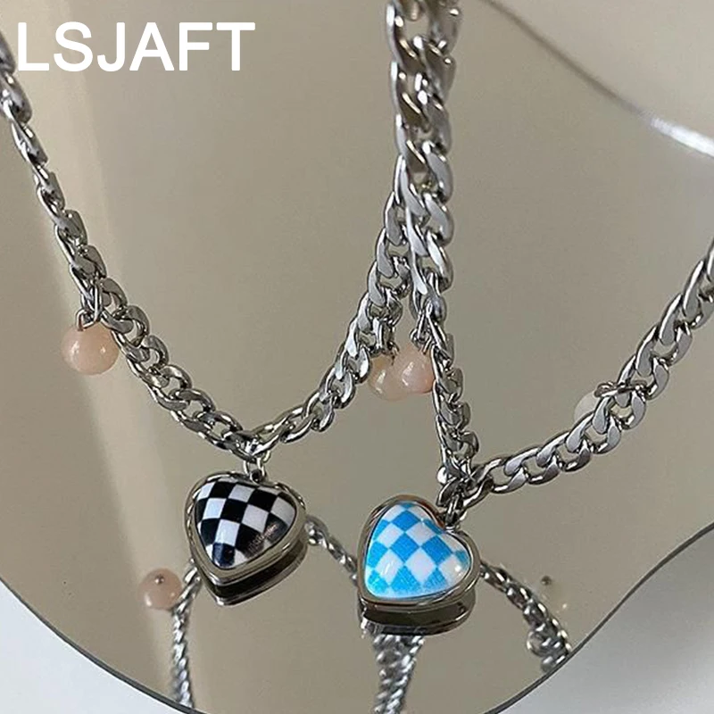 

Cute Gold Plated Stainless Steel Checkerboard Mesh Love Heart Shaped Cuban Link Chain Pendant Necklaces Jewelry Gift Party