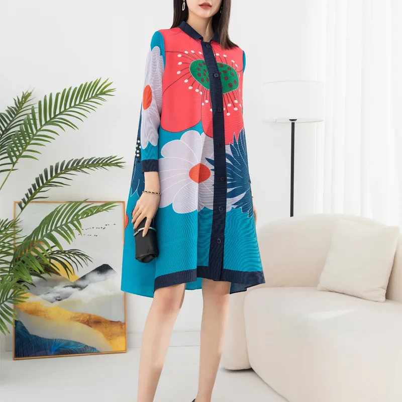YUDX Miyake Pleated Mid-length Women's Style Dress New 2023 Spring Color Contrast Single Breasted Stand-up Collar Cardigan Skirt