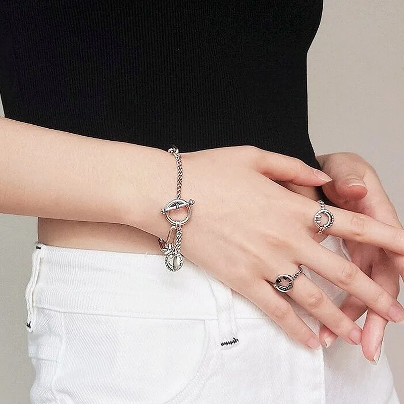 

FMILY Minimalist Hollow Smile Face Bracelet 925 Sterling Silver Retro Fashion Personality Hip Hop Jewelry for Girlfriend Gifts