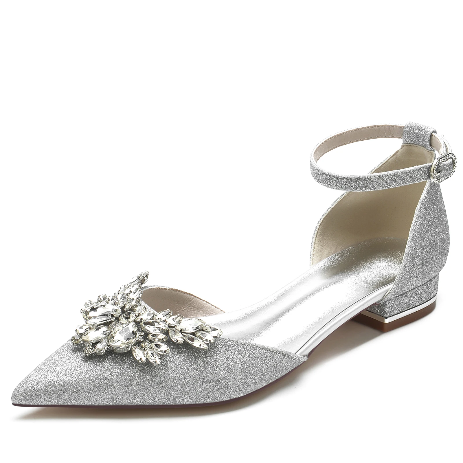 Women Dress Shoes Classic Pointed Toe Wedding Flat Sandals Sparkly Rhinestones Ankle Strap Low Heel