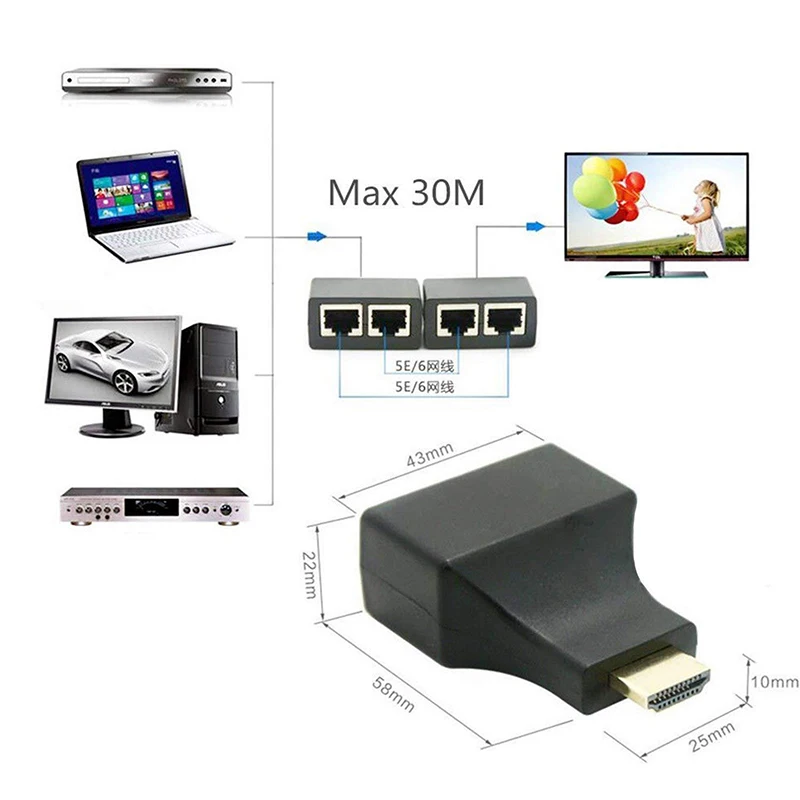 1 пара 1080P 30 м HDMI-совместимый двойной RJ45 CAT5E CAT6 UTP LAN Ethernet HD удлинитель Ретранслятор