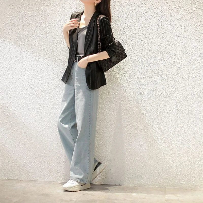 Bright Silk Stripe Triacetic Acid Suit Summer Mint Green Suit Coat Thin Women's Drop Blazers for Women Women Clothing Coats