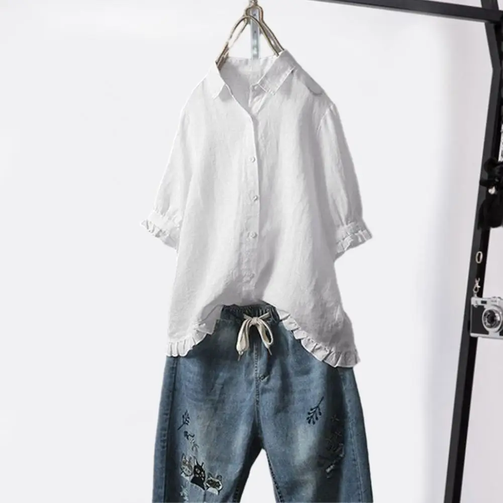 

Chic Lady Summer Top Shirring Edge Casual Summer Blouse Mid Length Women Top