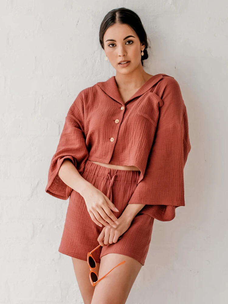 

Linad Loose Women's Home Clothes 2 Piece Sets Cotton Three Quarter Sleeve Pajamas Female Casual Summer Suits With Shorts 2022