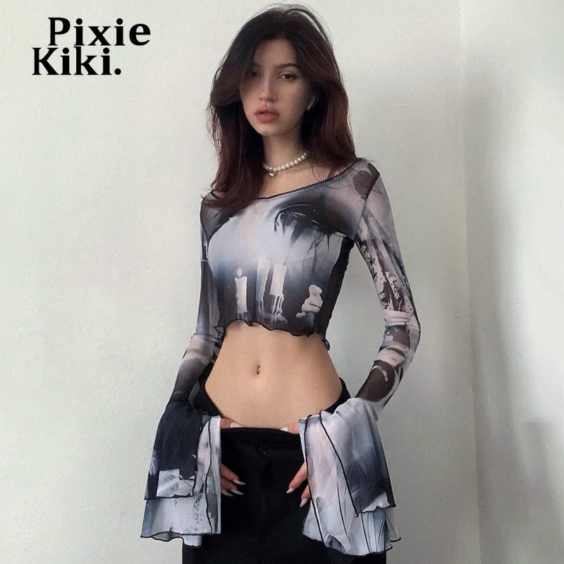 

PixieKiki Y2k Fairycore Abstract Printed Sheer Mesh Crop Top Indie Aesthetic Flare Long Sleeve T Shirts Sexy Graphic Tee P85BH11