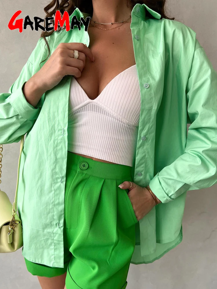 

Зеленая женская рубашка оверсайз из 100% хлопка, шикарная блузка 2023, элегантные осенние базовые Блузы на пуговицах с длинным рукавом и воротником