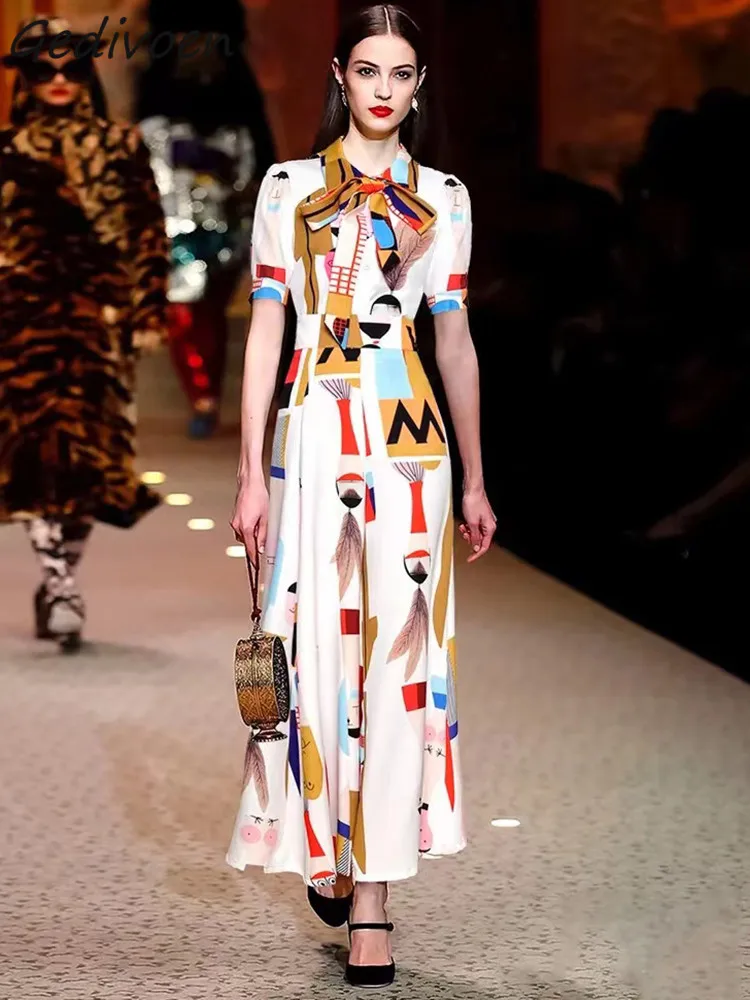 

Gedivoen Fashion Designer Dress Summer Women's Geometric cartoon Turn-down Collar Printing Short Sleeve Shirt Dress