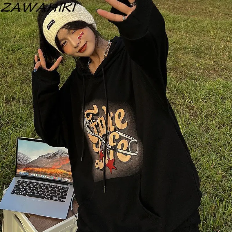 

Весенне-осенние модные хлопковые Свободные толстовки с буквенным принтом, женская уличная Толстовка в американском ретро стиле с длинным рукавом в стиле хип-хоп, свитшот, Женский Топ