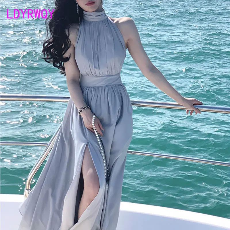 

Half high collar dress with seaside slit style Sheath O-Neck