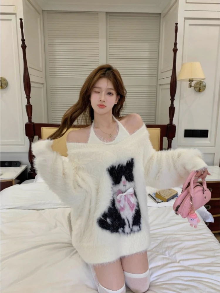 Милые крутые свитера в Корейском стиле с V-образным вырезом зима 2024 пуловеры