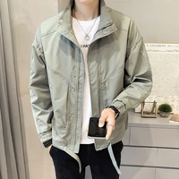 mens fashion short stand collar jacket spring and autumn korean style big pocket windbreaker jacket all match slim trench coat