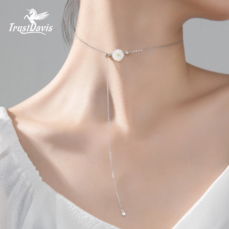 

TrustDavis 925 Sterling Silver Daisy Necklace Sweet Summer Shell Flower Clavicle Chain Necklace For Women Wedding Jewelry DA963