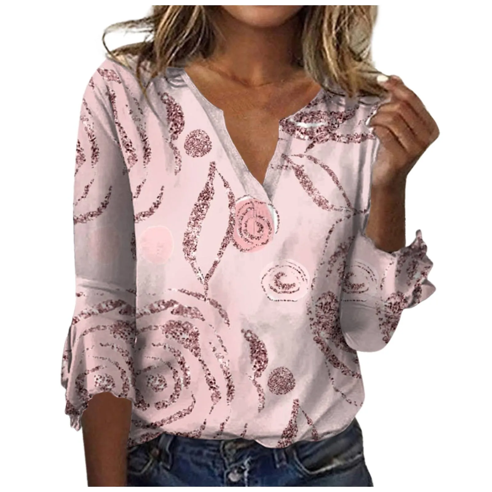 

Женский Свободный Повседневный Топ с v-образным вырезом и цветочным принтом, женские модные футболки с v-образным вырезом и рукавом 3/4, Женская Удобная футболка большого размера, топы 2023