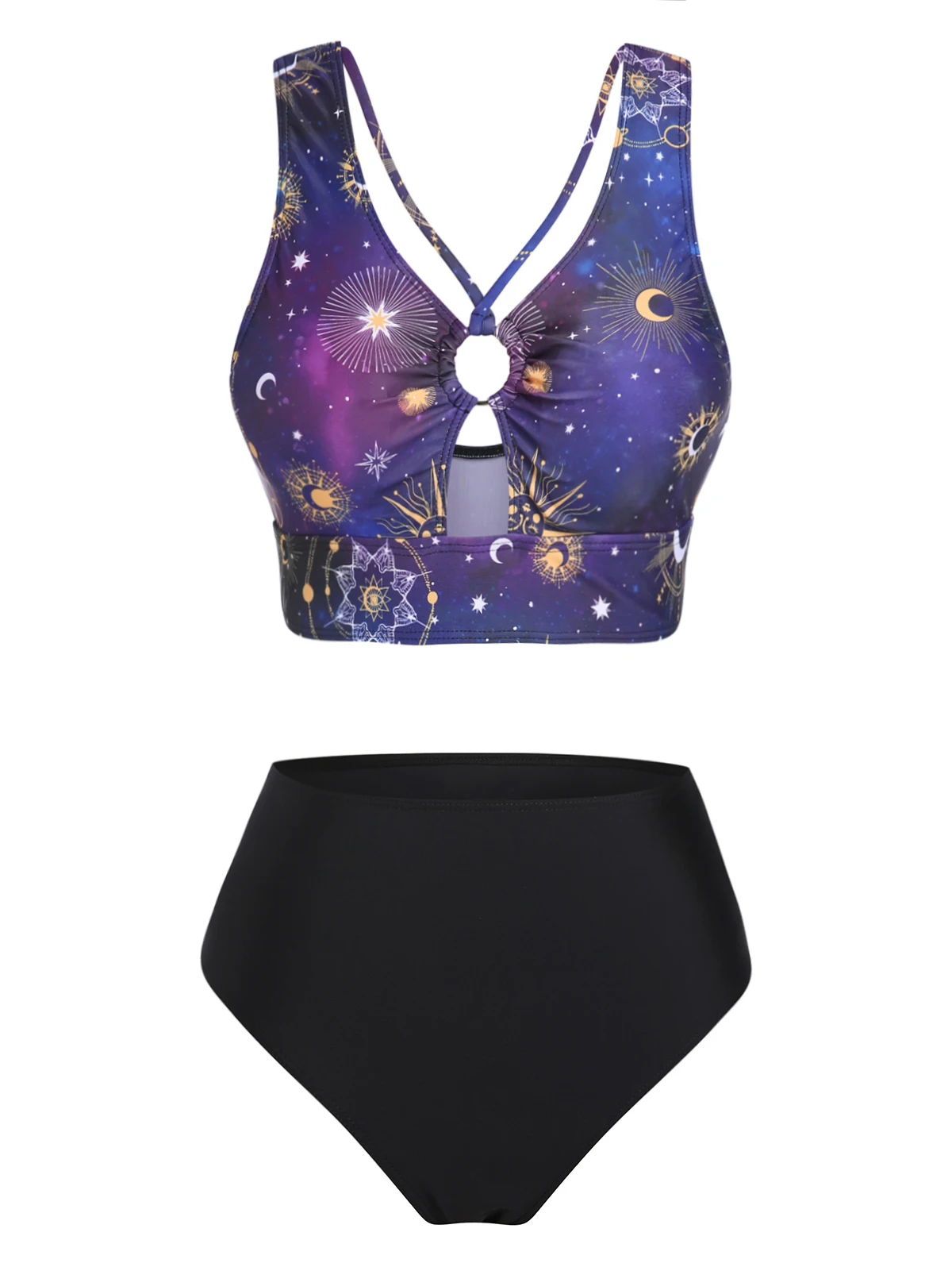 Sun Moon Star Print Bathing Suit Cut Out O Ring High Waist Summer Bikini Set Two Piece Retro Beach Swimsuit For Women