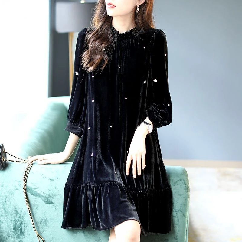 

Женское черное бархатное свободное платье макси, весенне-осеннее корейское винтажное Плиссированное сексуальное платье, 2022 Элегантное пов...