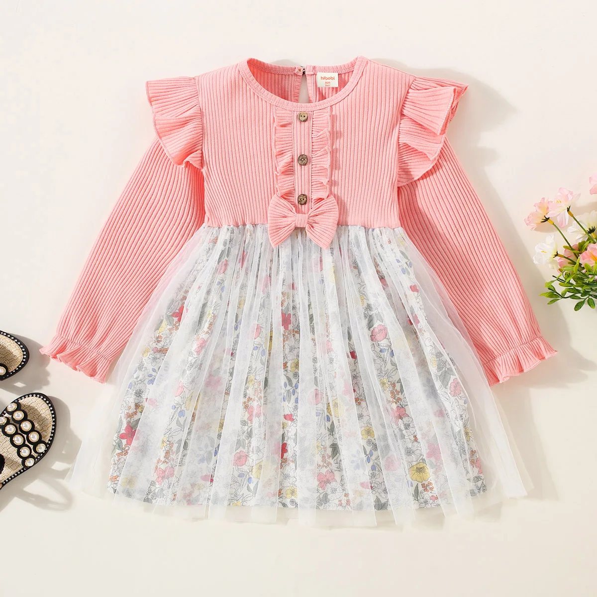 

hibobi Toddler Girl Long-sleeve Dress Cotton Solid Pink Sweet Floral & Bow Decor Ruffle detail Lace Frock For Kids Autumn