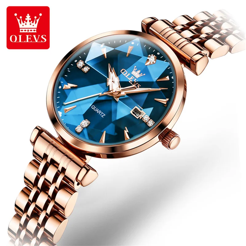 OLEVS Brand Women Watch Rhombus Glass Stainless Steel Rose Gold Simple Waterproof Luminous Ladies Quartz Watches Luxury Reloj