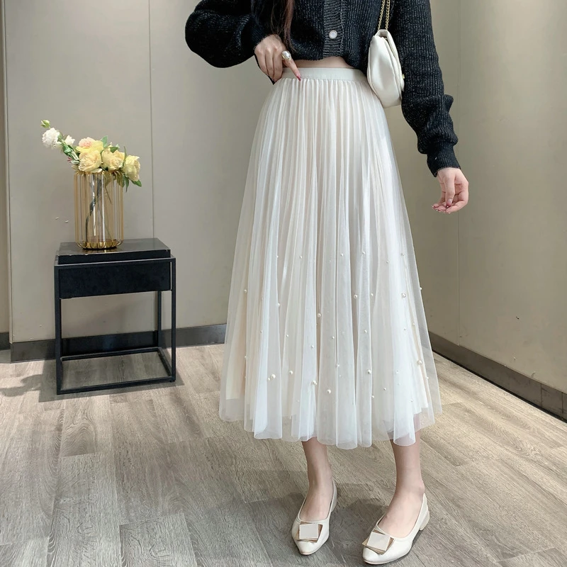 

Женская юбка-пачка с бусинами, Длинная черная сетчатая юбка с высокой талией в Корейском стиле, весна-лето 2023