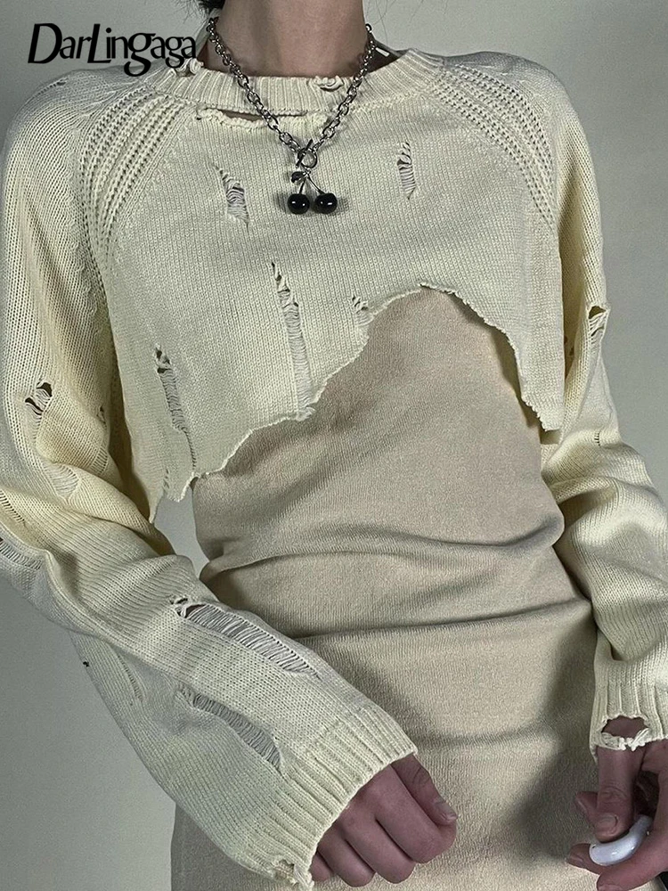 

Darlingaga Harajuku Hole Ripped Grunge Sweater Knitted Cropped Smock Tops Women Pullover Distressed Irregular Hem Jumper Vintage