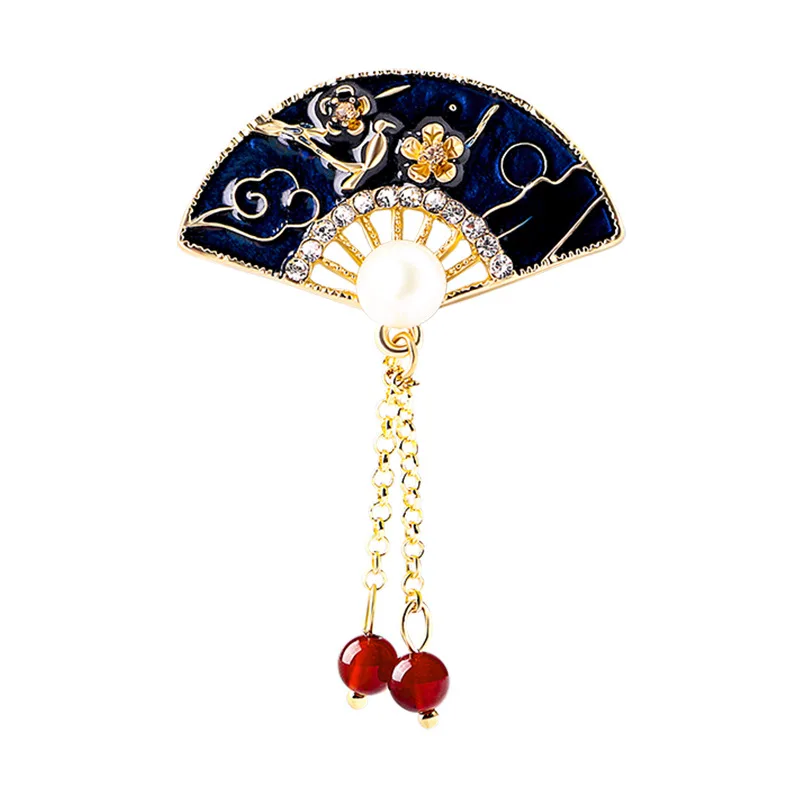 

Fan Enamel Pin Vintage Brooches For Women Charm Imitation Pearls Scarf Suit Broche Broach Pins Jewelry Best Gift
