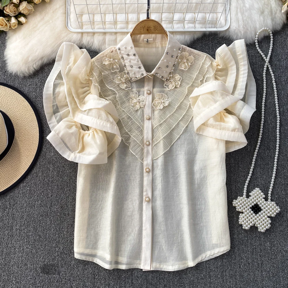 

Summer Trumpet Sleeve Studded with Diamonds Three-dimensional Flower Stitching Single Breasted Shirt Casual Style Shirt Top