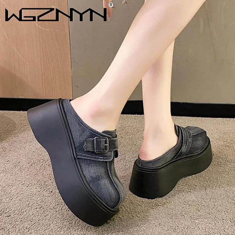 Джинсовые женские тапочки на танкетке роскошные массивные кроссовки 7 5 см