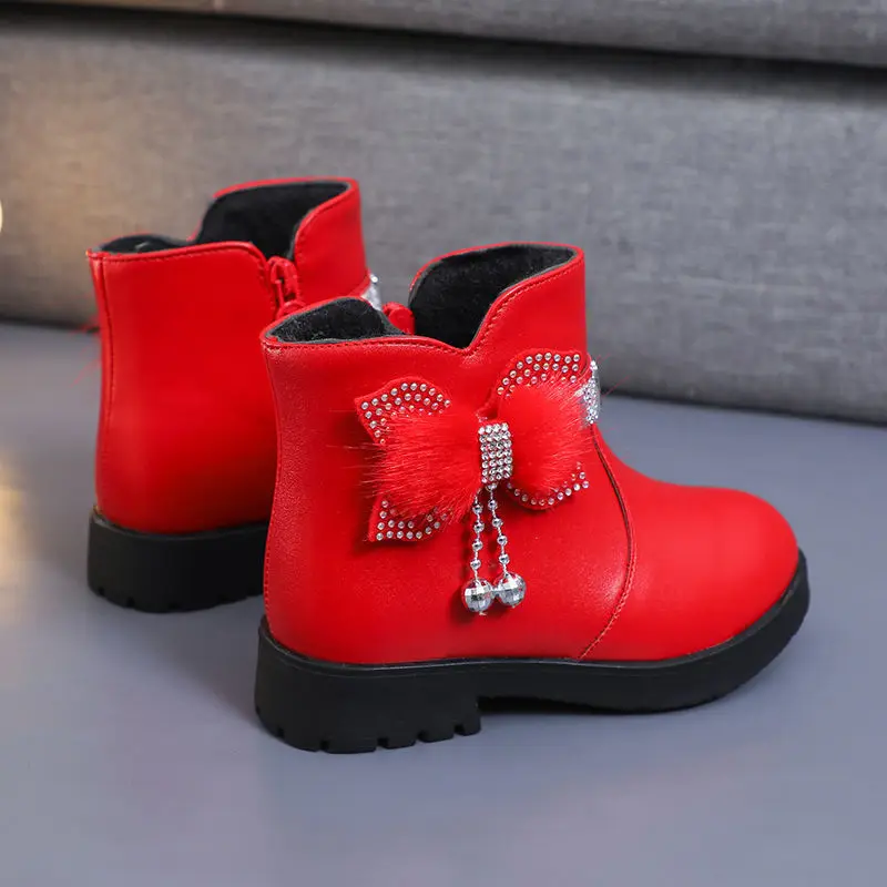 Girls Casual Boots Winter Kids Ankle Boots Warm Plush Children Shine Diamonds Booties Students Snow Boots Baby Leather Shoes