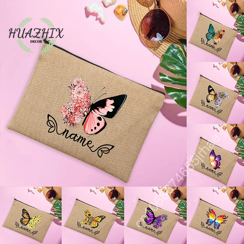 

Butterfly Custom Name Makeup Bag Women Clutch Canvas Personalised Trendy Travel Beach Storage Pouch Pencil Case School Supplies