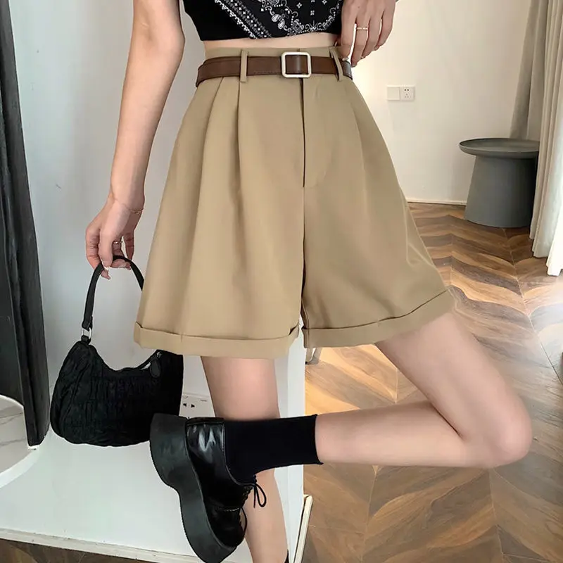 2023 Summer New Line Solid Causal Wide Loose Shorts For Women High Elastic Waist Suits Shorts With Pockets  Short  Female W11