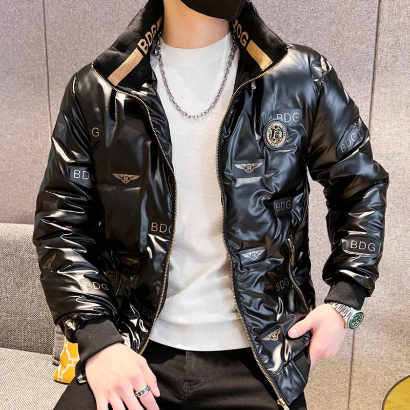 Winter Long Sleeveless Jacket Letter Print Jackets Mens  Stand Collar Shinny Down  Solid Color Coat Mens Shiny Down Jacket Black