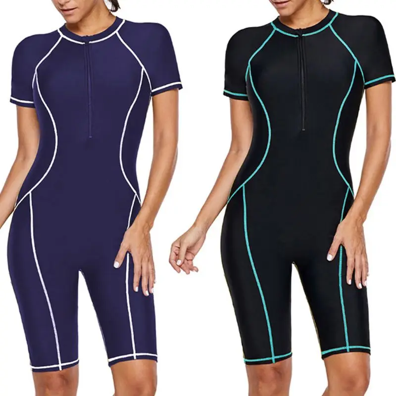 

Women Zip Front One Piece Rash Guard Short Sleeve Surfing Boyshorts Swimsuit