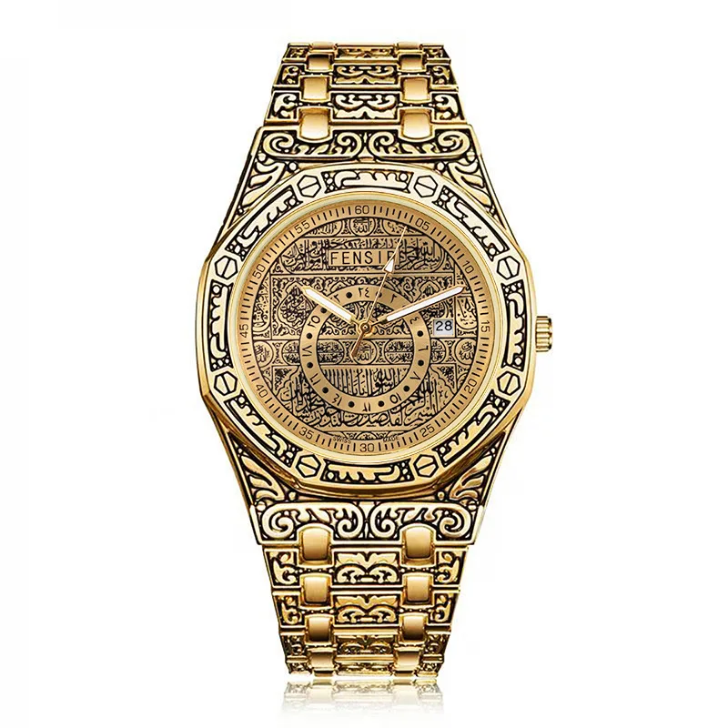 

Carving Pattern Men Quartz Watch Luxury 3D Engrave Gold Bronze Stainless Steel Black Golden Wristwatch 30M Waterproof Man Clock