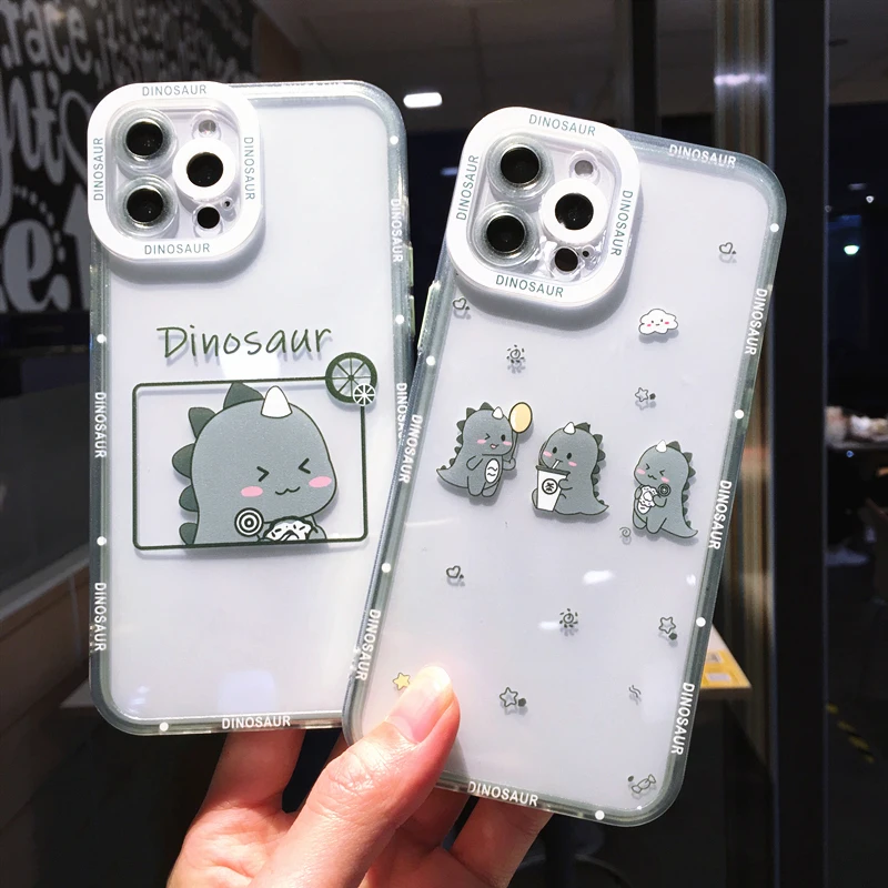 

Cure Cartoon Dinosaur Phone Case For iPhone 13 Pro Max 12 11 X XS XR 7 8 Plus SE 2020 Couple Transparent Soft Shockproof Cover