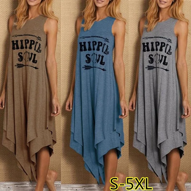 

Women Sleeveless Tank Dress Summer New Hippie Soul Irregular Hem O-Neck Vest Top Female Casual Letter Printed Loose Long Dresses