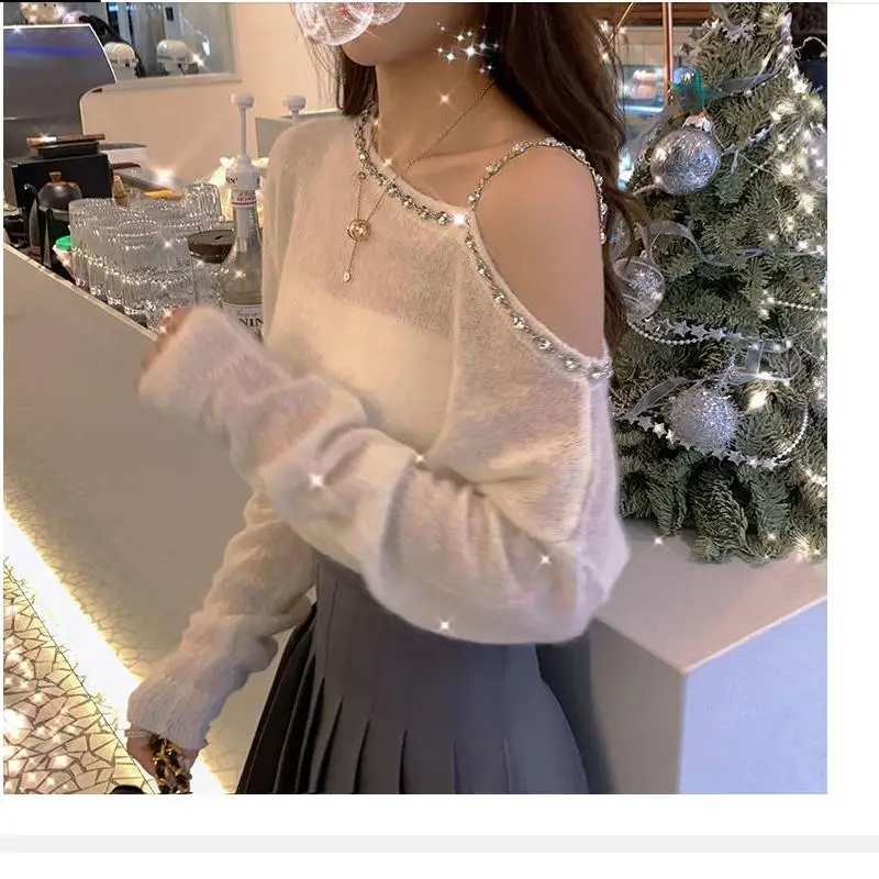 

Sweater Mujer Sexy Off Shoulder Knitted Long Sleeve Pullover Femme Autumn Vintage Chandails White Black Top Women Thin Sweater