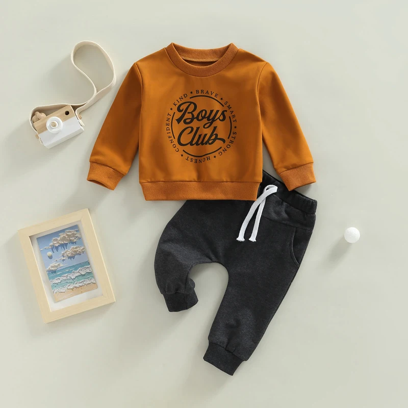 

Осенняя одежда для маленьких мальчиков, толстовка с длинным рукавом и круглым вырезом и надписью, топ, длинные брюки, штаны, Милая зимняя одежда для малышей